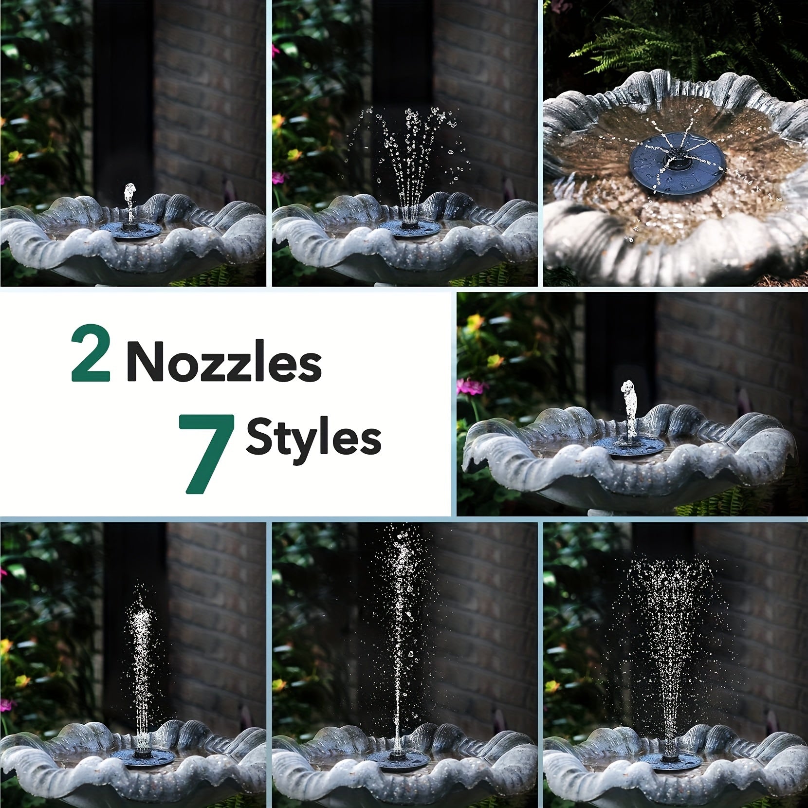 Solar Fountain 4 in 1 Nozzle 2 2W Solar Powered Pump 7 Water Styles