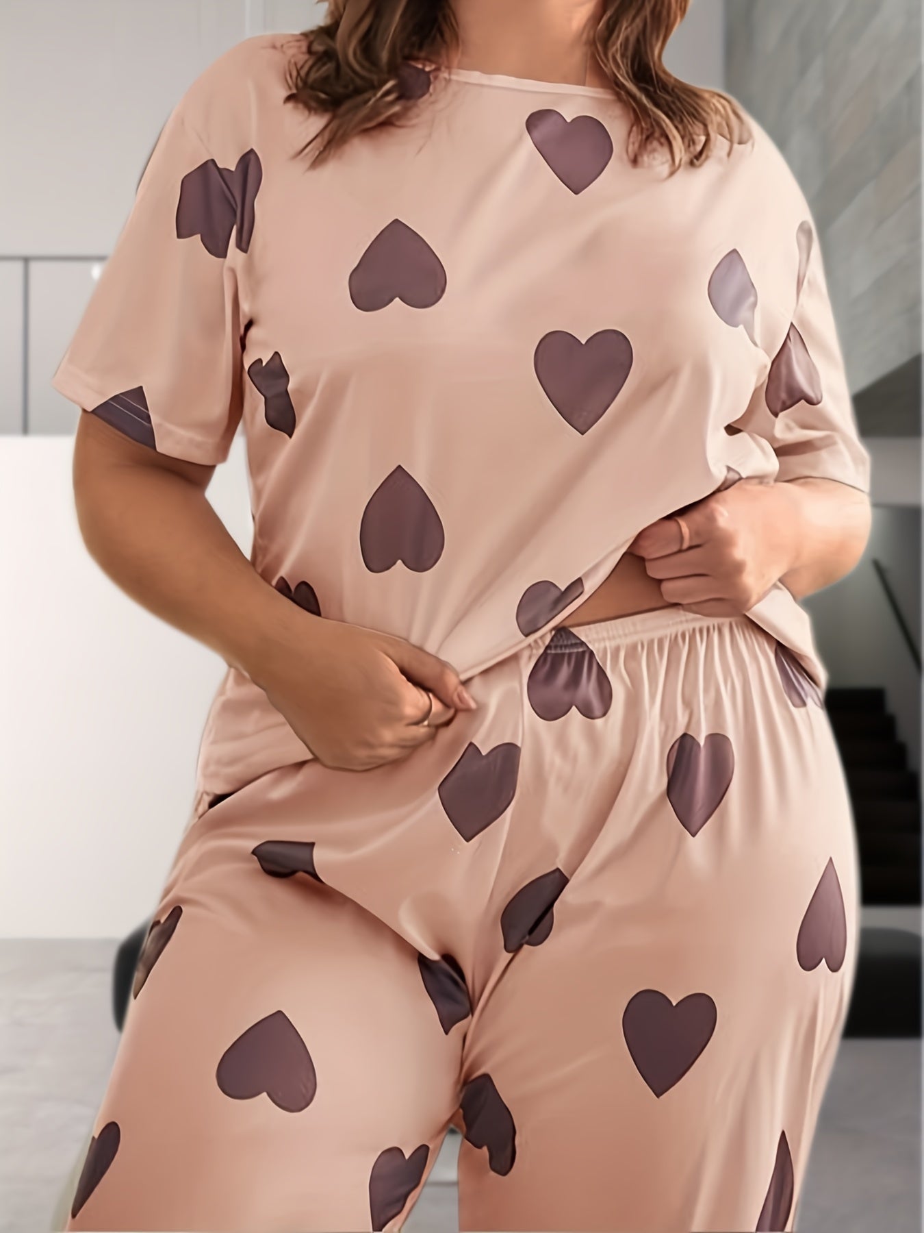 Pajama Set Heart Print Tee & Pants Lounge Two Piece Set