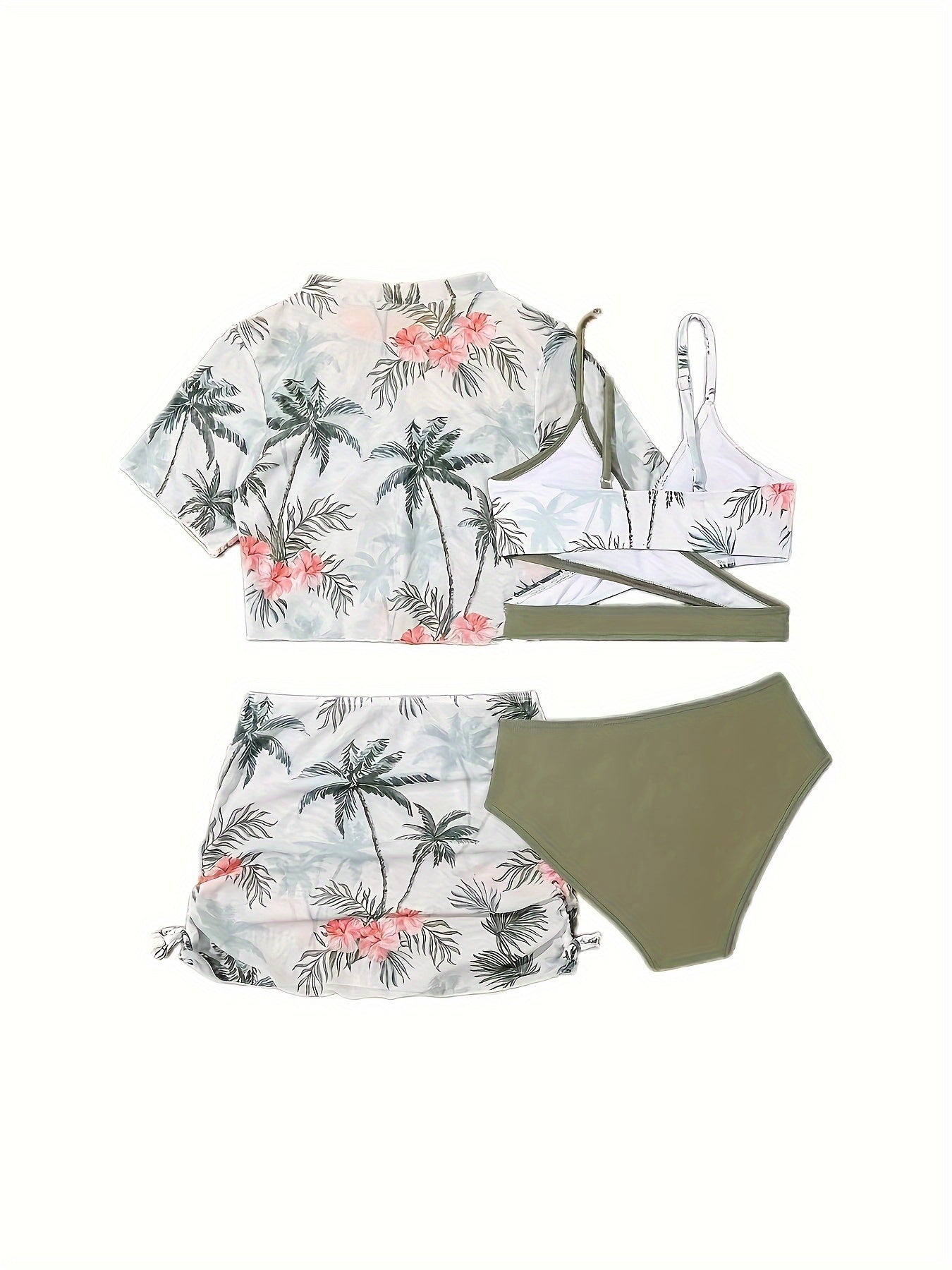 Girls 4pc Flower Graphic Swimsuit Set for Summer Beach