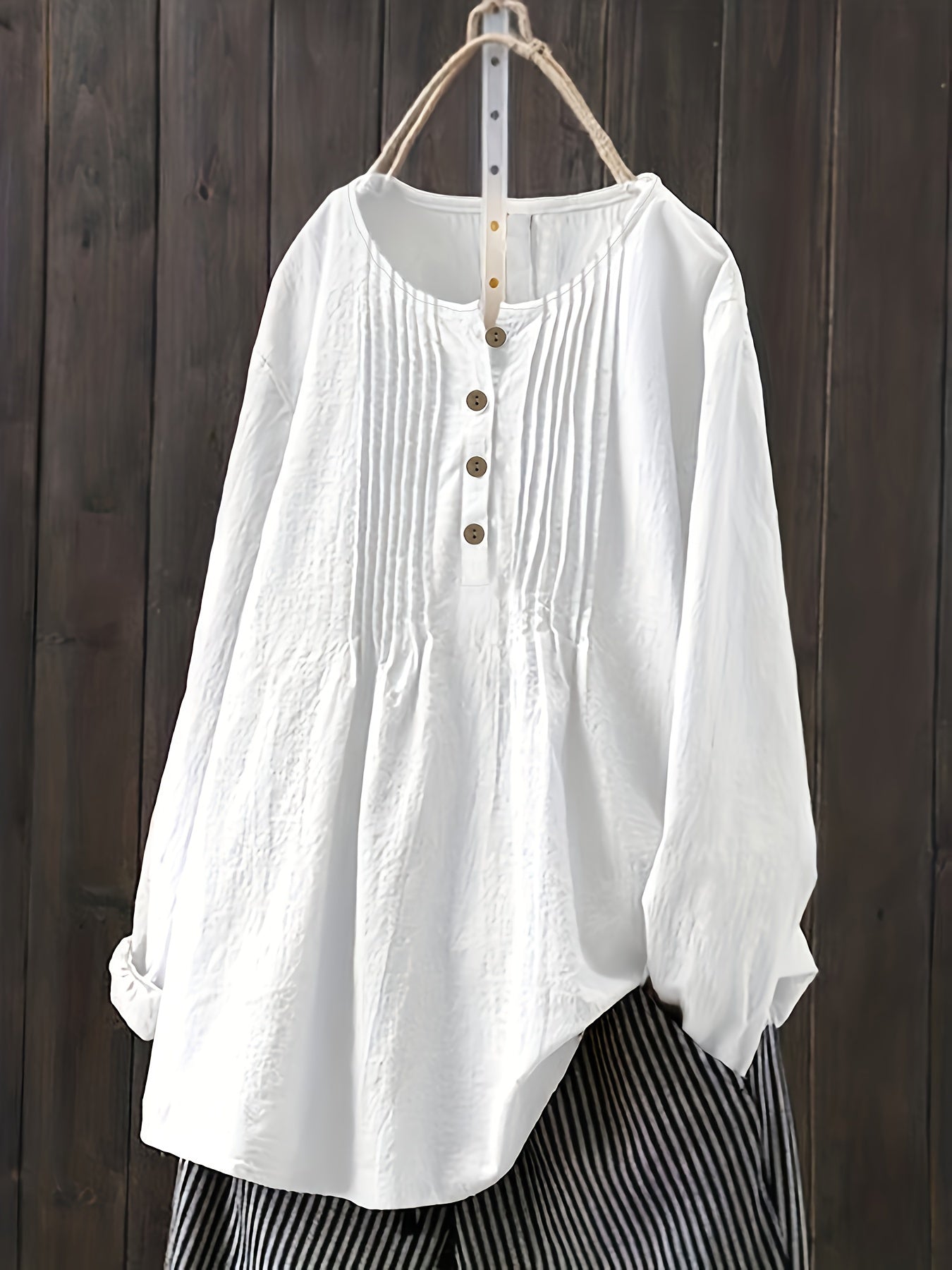 Casual Blouse Women's Solid Half Button Plicated Long Sleeve Top