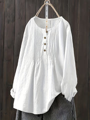 Casual Blouse Women's Solid Half Button Plicated Long Sleeve Top