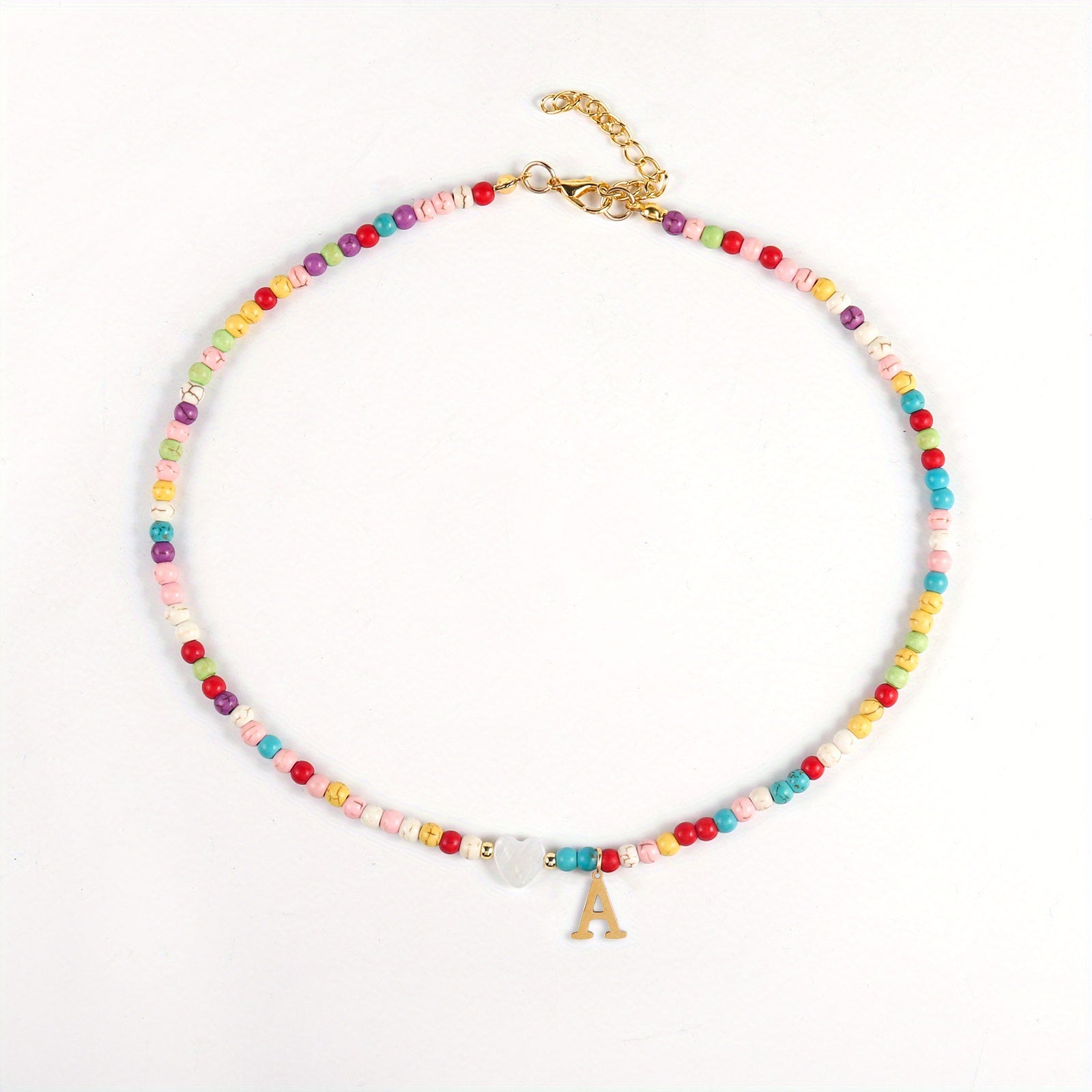 Girl's Colorful Beaded Choker Necklace with Golden Initial Letter