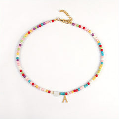 Girl's Colorful Beaded Choker Necklace with Golden Initial Letter