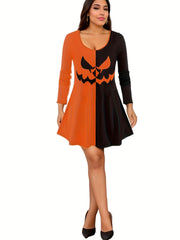 Plus Size Halloween Gothic Outfits Set Women's Pumpkin Print Top & Leggings