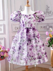 Purple Floral Puff Sleeve Princess Dress for Girls