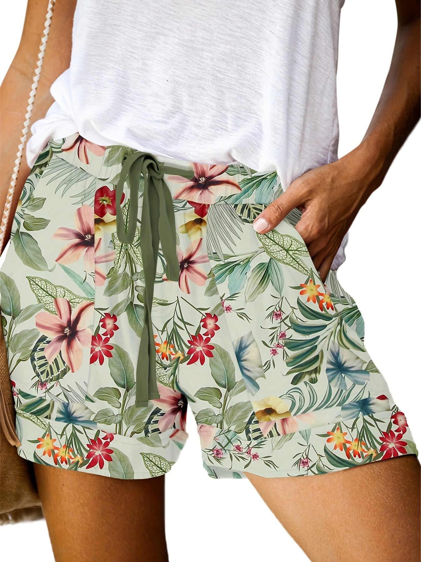 Boho Floral Print Tie Waist Shorts Vacation Elastic Drawstring Summer Shorts