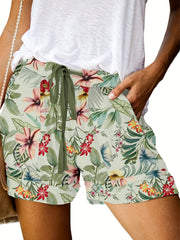 Boho Floral Print Tie Waist Shorts Vacation Elastic Drawstring Summer Shorts