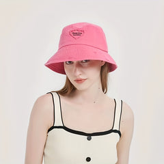 Heart Patch Pink Bucket Hat Washed Casual Lightweight Outdoor Fisherman Cap