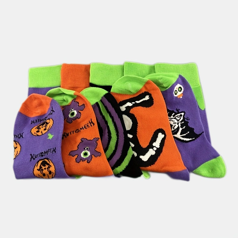 5 Pairs Pumpkin & Skull Print Socks Funny Halloween Crew Socks Women's Stockings