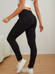 High Rise Ripped Skinny Jeans Solid Denim Pants