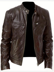 Men's Casual Solid Zip Up Stand Collar Faux Leather Jacket