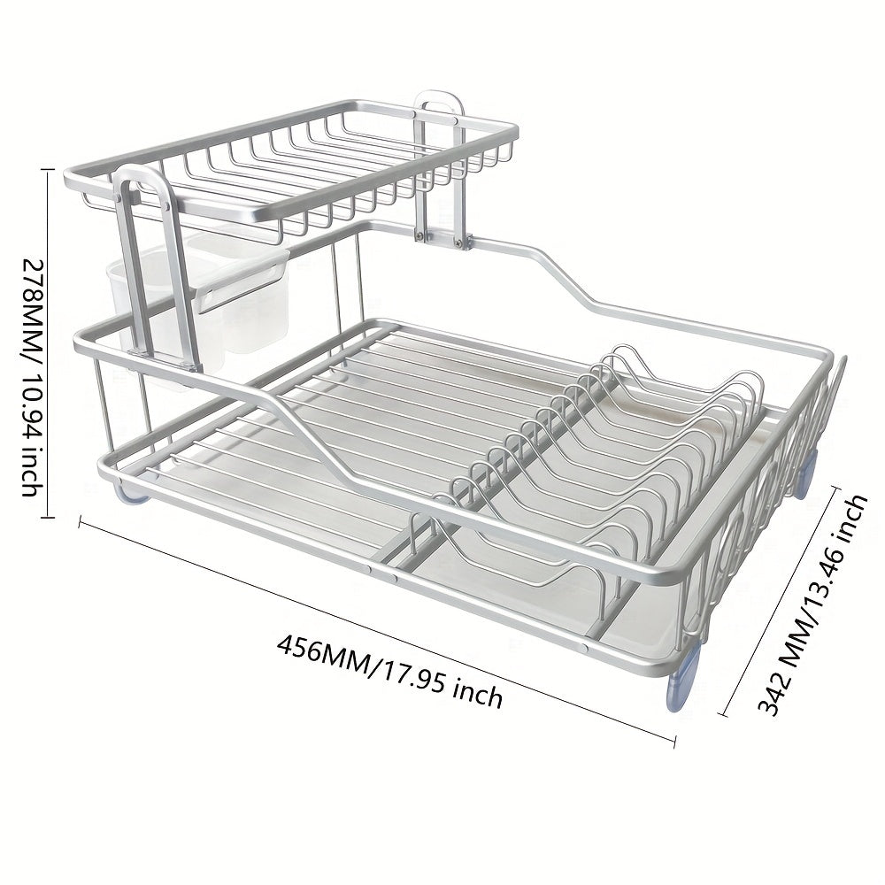 2-Tier Aluminum Dish Drying Rack with Utensil Holder