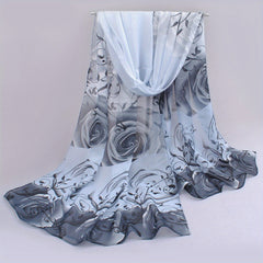 Gradient Rose Print Chiffon Scarf Sunscreen Shawl