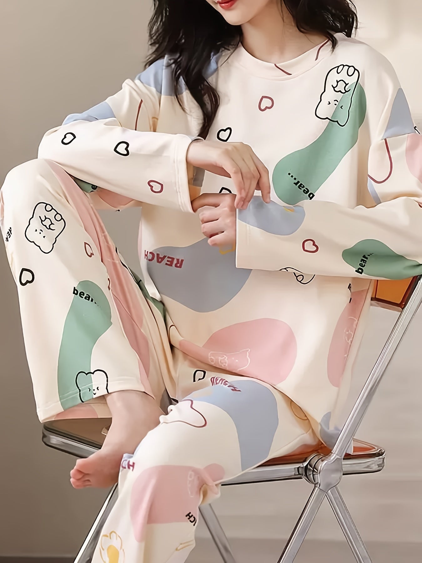 Cartoon Print Pajama Set Long Sleeve Top & Elastic Waistband Pants