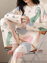 Cartoon Print Pajama Set Long Sleeve Top & Elastic Waistband Pants