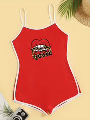 Lips Print Slip Pajama Romper Scoop Neck Sleeveless Lingerie & Sleepwear