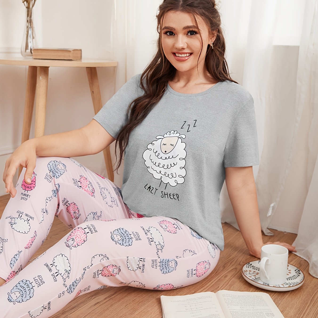 Women's Plus Sheep Print Tee & Pants Lounge Set