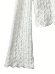 Tie Front Knit Cardigan Scallop Trim Flared Sleeve Sweater