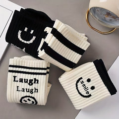 Smiling Face Print Socks in 8 Pairs Mid Tube Women's Stockings