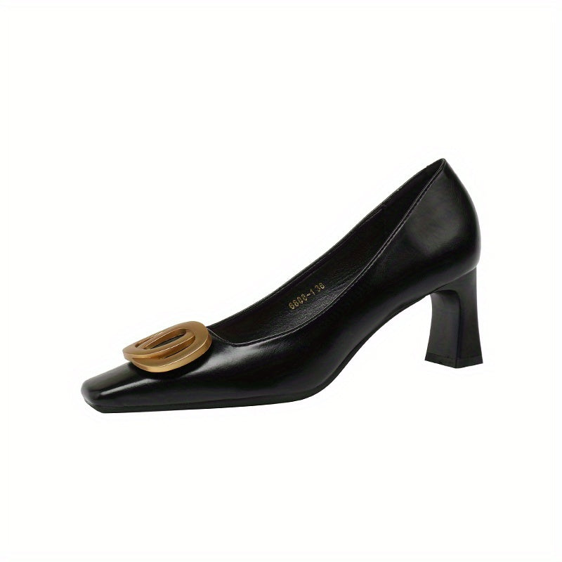 Women's Metal Buckle Chunky Heels Slip On Pumps