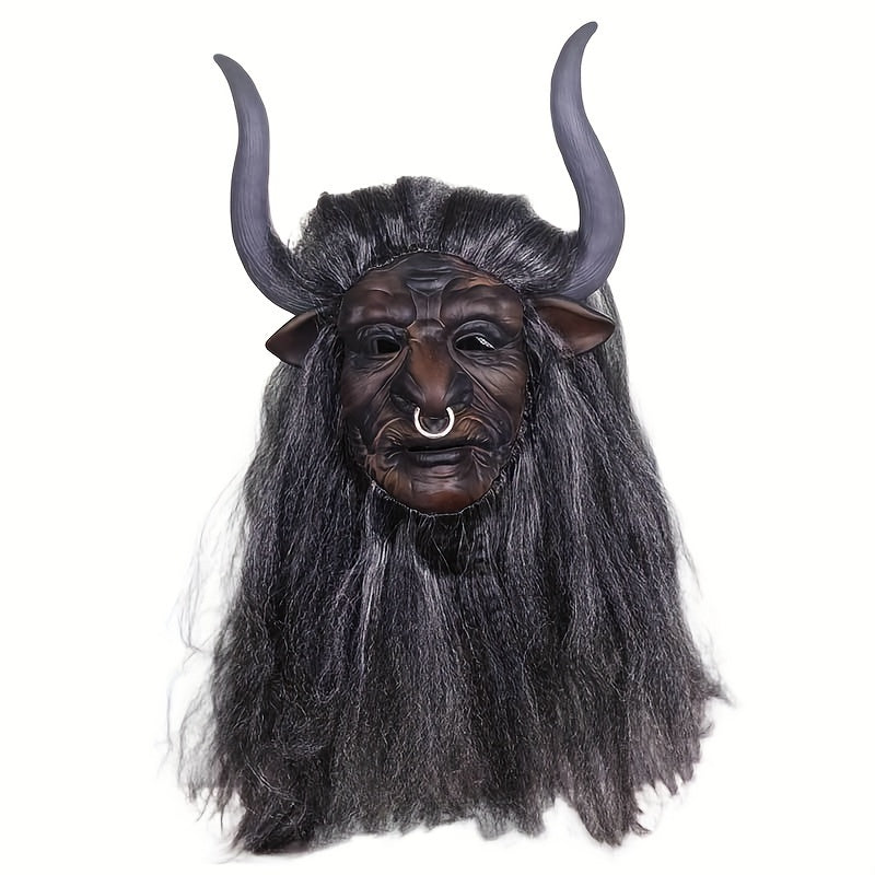 Goat Horned Long Hair Bull Demon Latex Mask Halloween Role Play