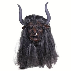 Goat Horned Long Hair Bull Demon Latex Mask Halloween Role Play