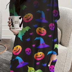 Ombre Skull & Pumpkin Print Long Sleeve Tee Dress