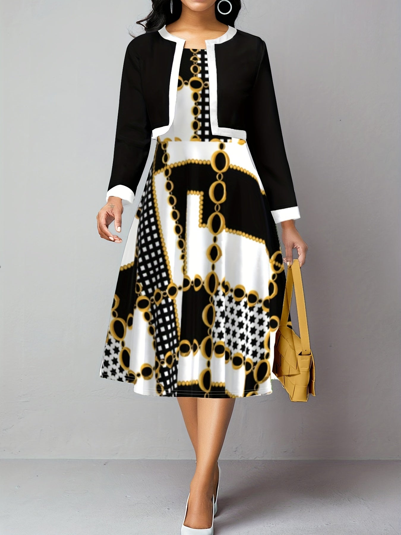 Paisley Print A-line Dress & Coat Outfit Set