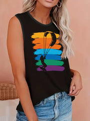Coconut Tree & Wave Print Tank Top - Round Neck