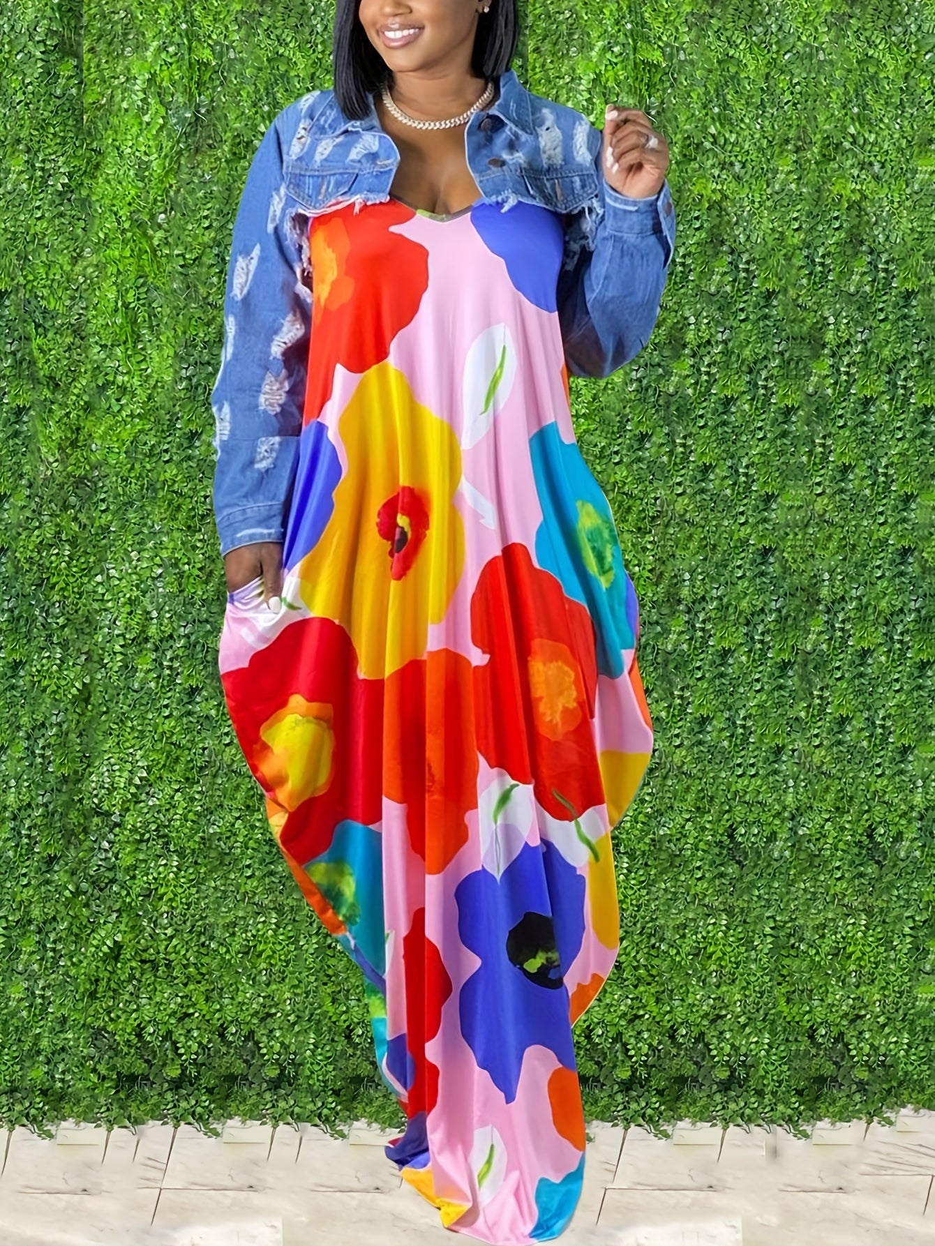 Ombre & Leopard Print Maxi Dress With Pockets