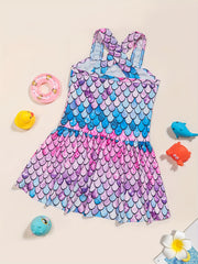 Girls One Piece Swimsuit Fish Scale Print Cross Strap Dress