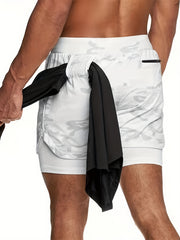 Men's 2 In 1 Quick Dry Running Shorts Above Knees Double Layer With Pockets