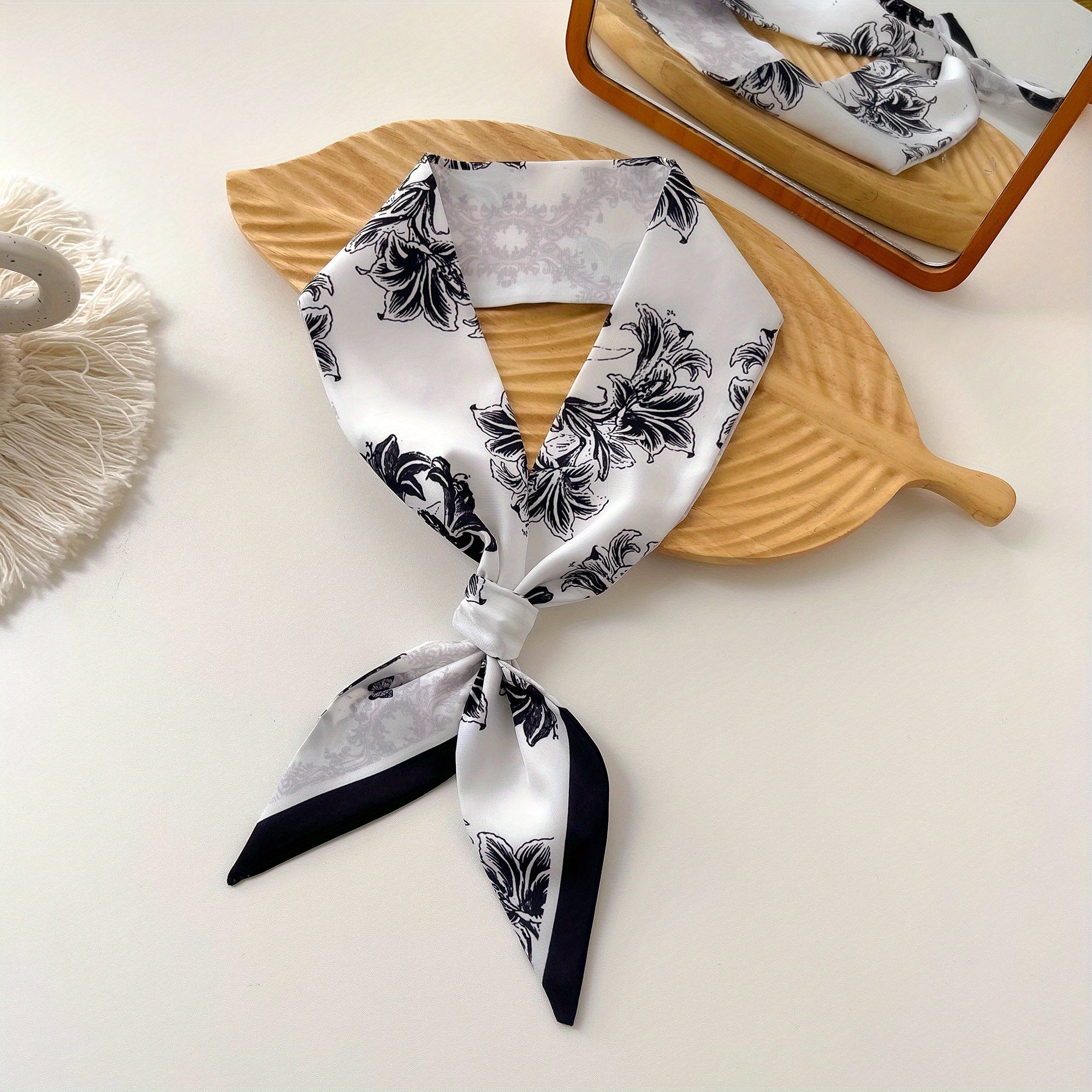 Plant Print Skinny Scarf Silky Long Ribbon Neckerchief Satin Twilly Scarf