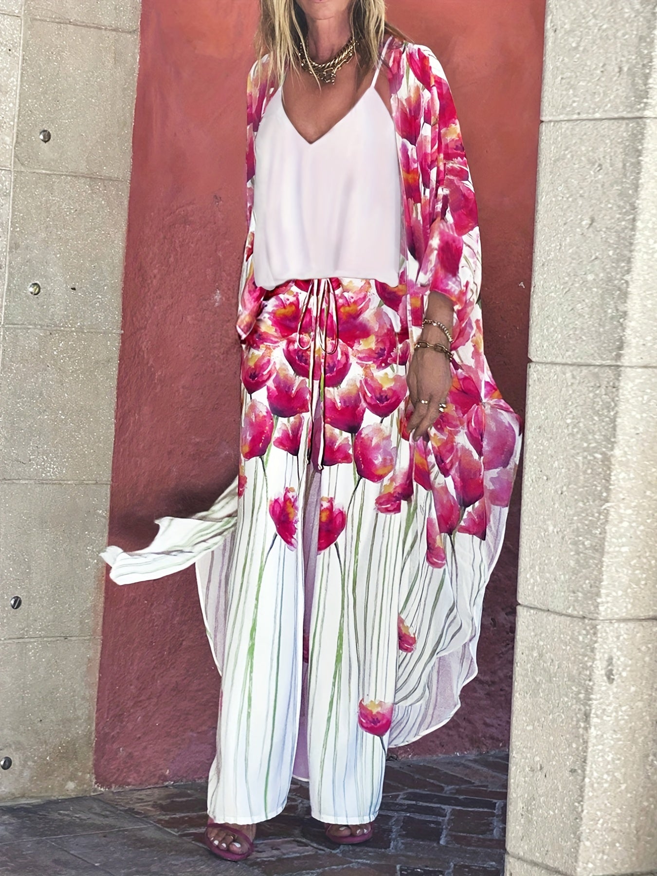 Floral Print Kimono Cover Up & Straight Leg Pants 2 Piece Swimsuit