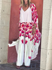 Floral Print Kimono Cover Up & Straight Leg Pants 2 Piece Swimsuit