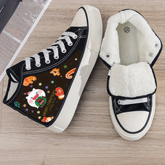 Christmas Cartoon Print Plush Lined Thermal Chunky Canvas Sneakers