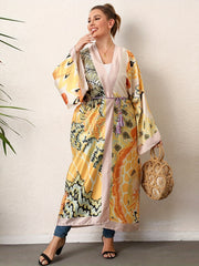 Boho Kimono Women's Plus Floral Print Long Sleeve Beach Cover-Up