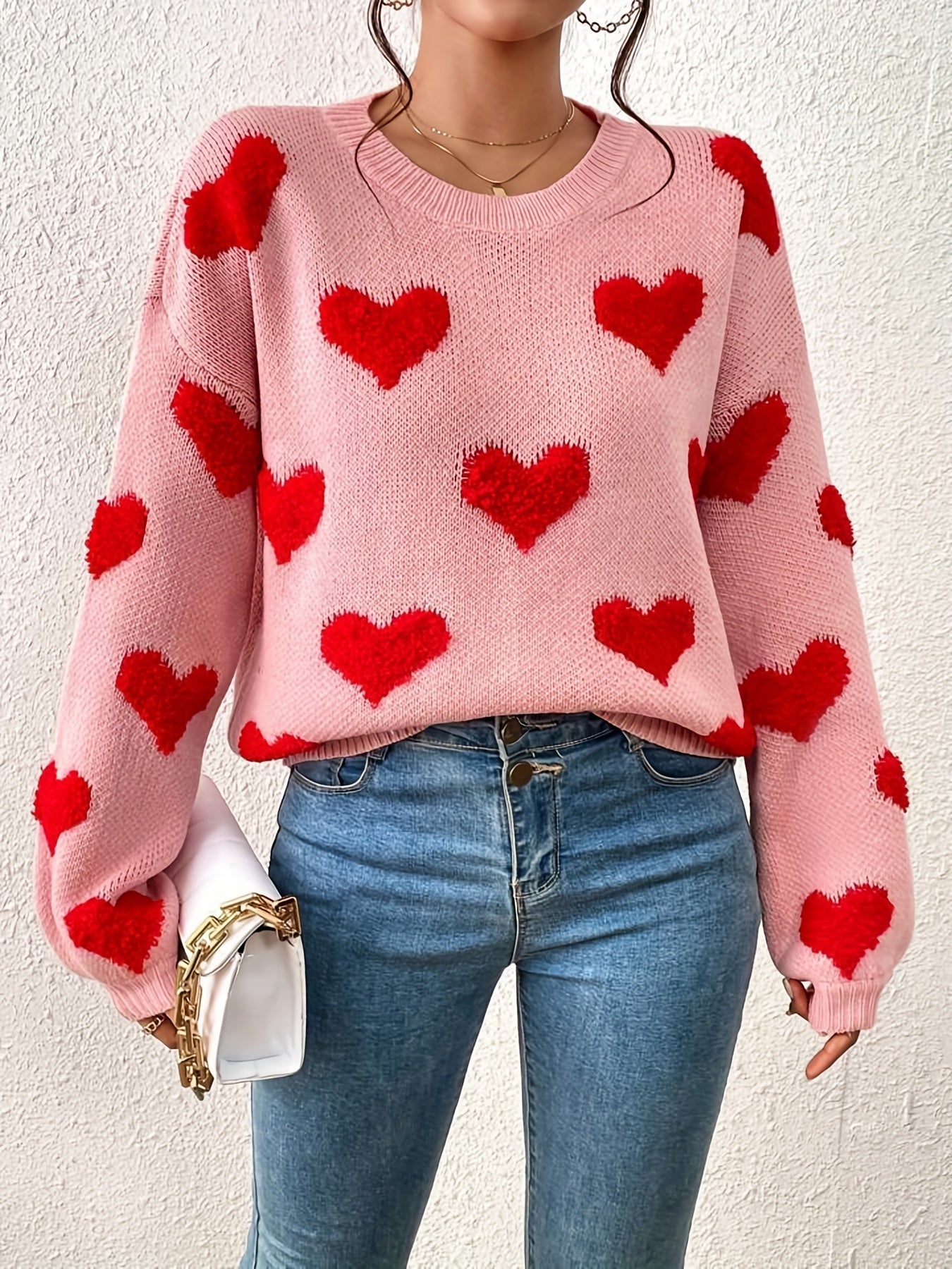 Heart Pattern Crew Neck Pullover Sweater Women's Clothing