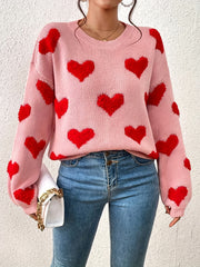 Heart Pattern Crew Neck Pullover Sweater Women's Clothing