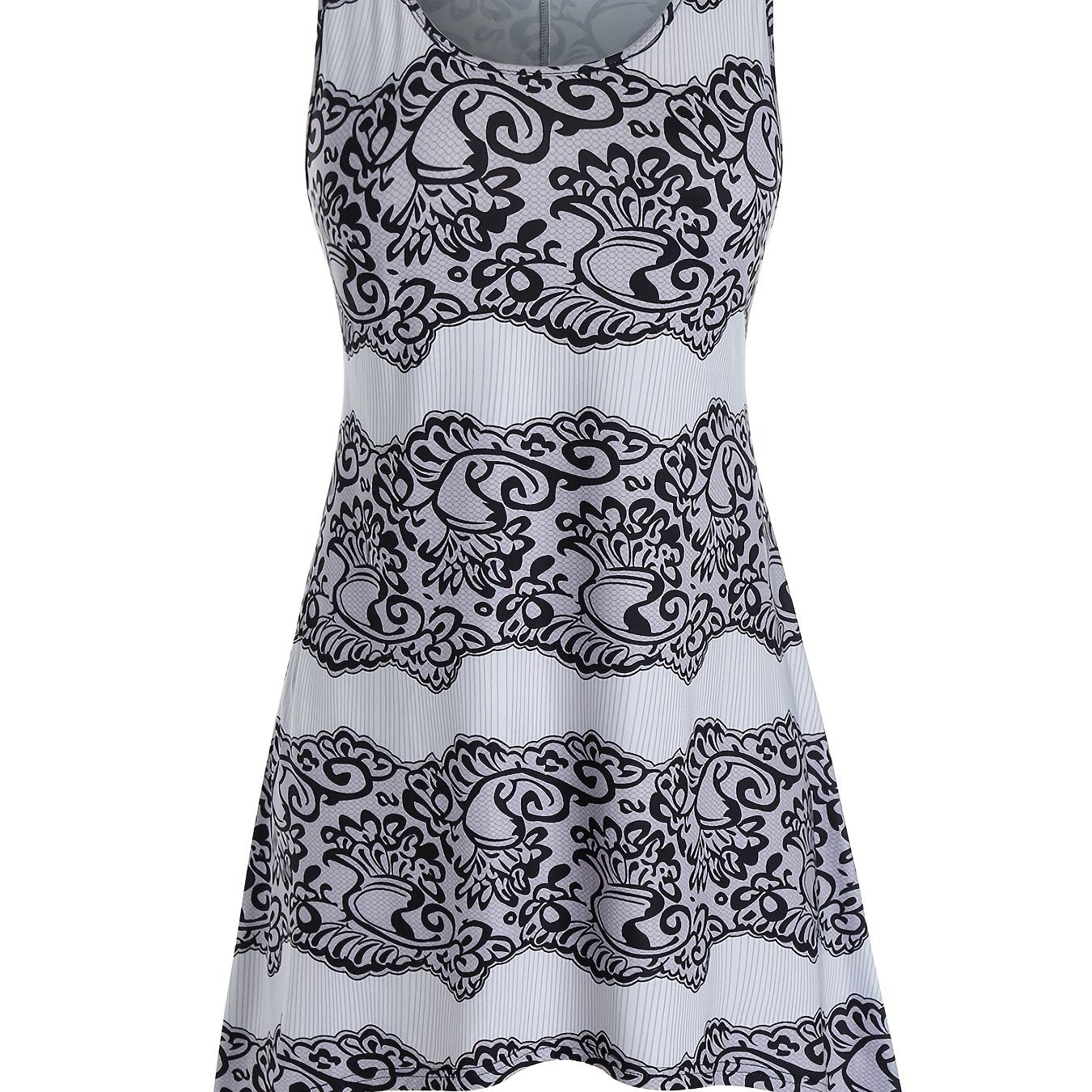 Paisley Print Tank Top Plus Size High Stretch Casual Round Neck Irregular Trim