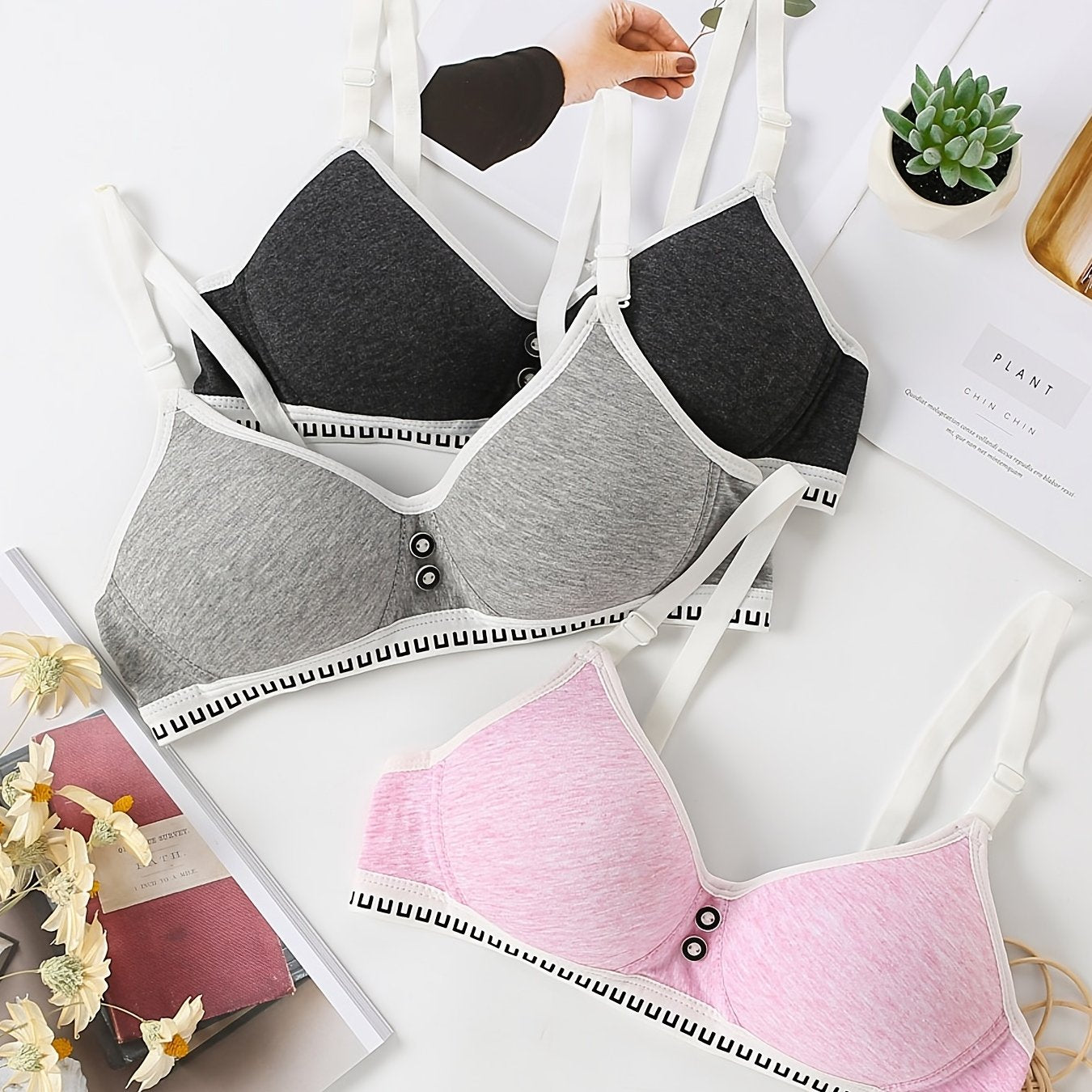 3pcs Girls No Underwire Adjustable Strap Bras Soft Bralette Underwear