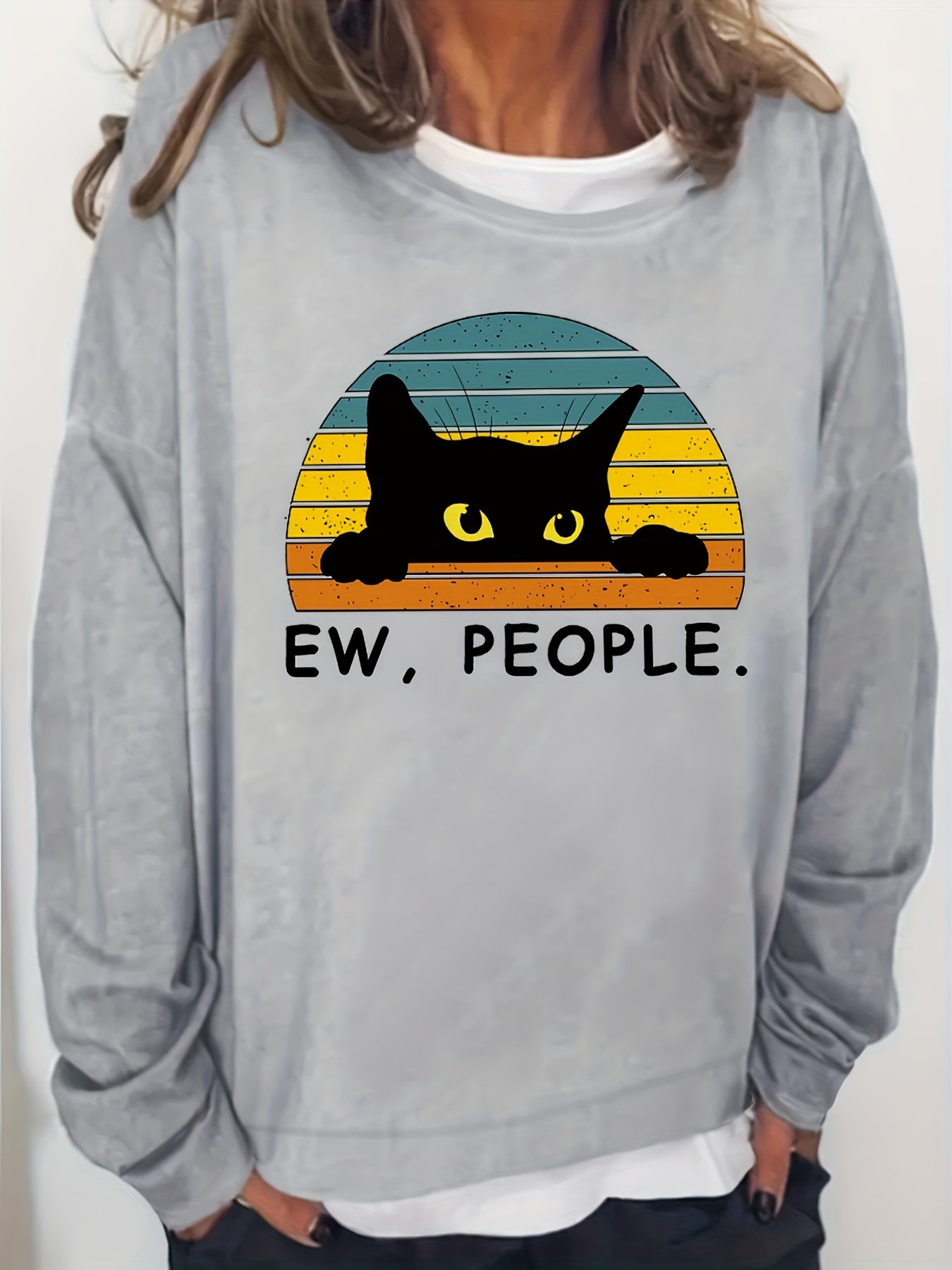Cat & Letter Print Crew Neck Sweatshirt for Women