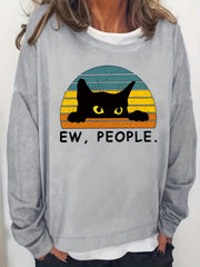 Cat & Letter Print Crew Neck Sweatshirt for Women
