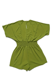 Shirred Drawstring Waist Romper Jumpsuit V neck Casual Women's Clothing