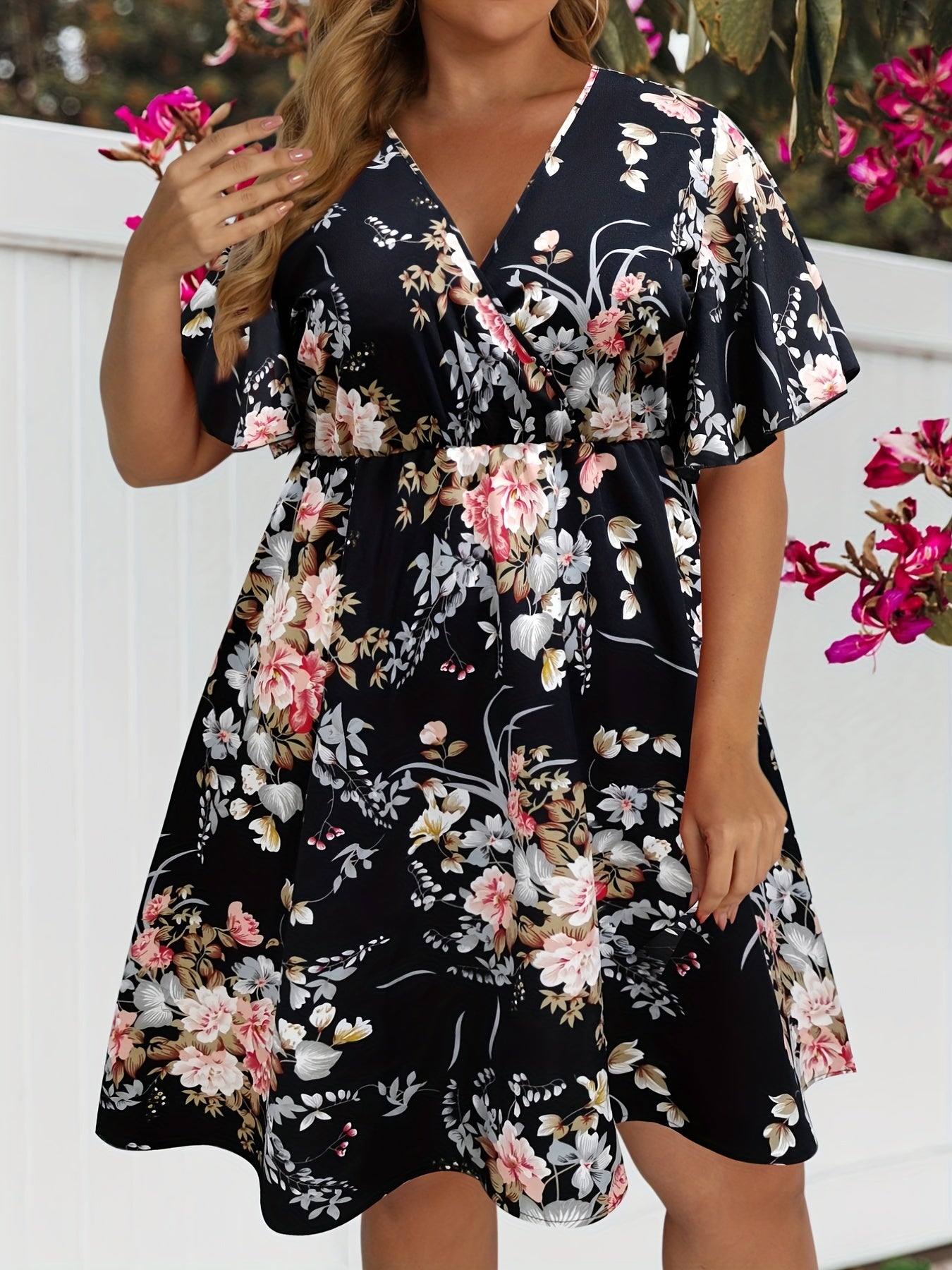 Women's Floral Print Flutter Sleeve Dress