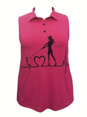 Women's Graphic Print Polo Neck Stretch Vest Top