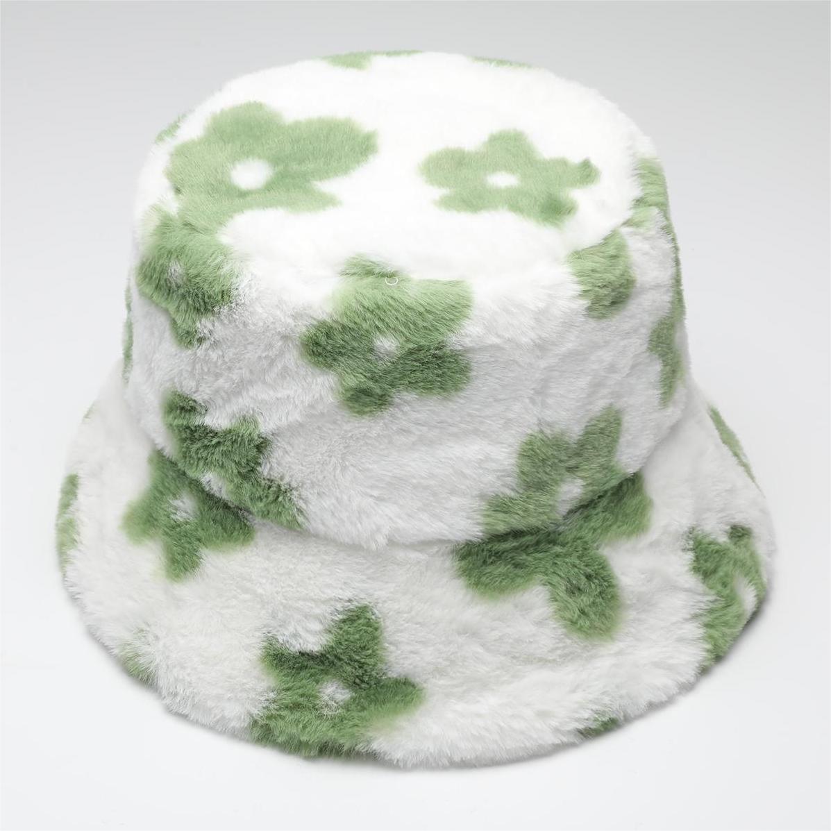 Winter Faux Fur Bucket Hat Flowers Floral Fluffy Fisherman Caps For Women