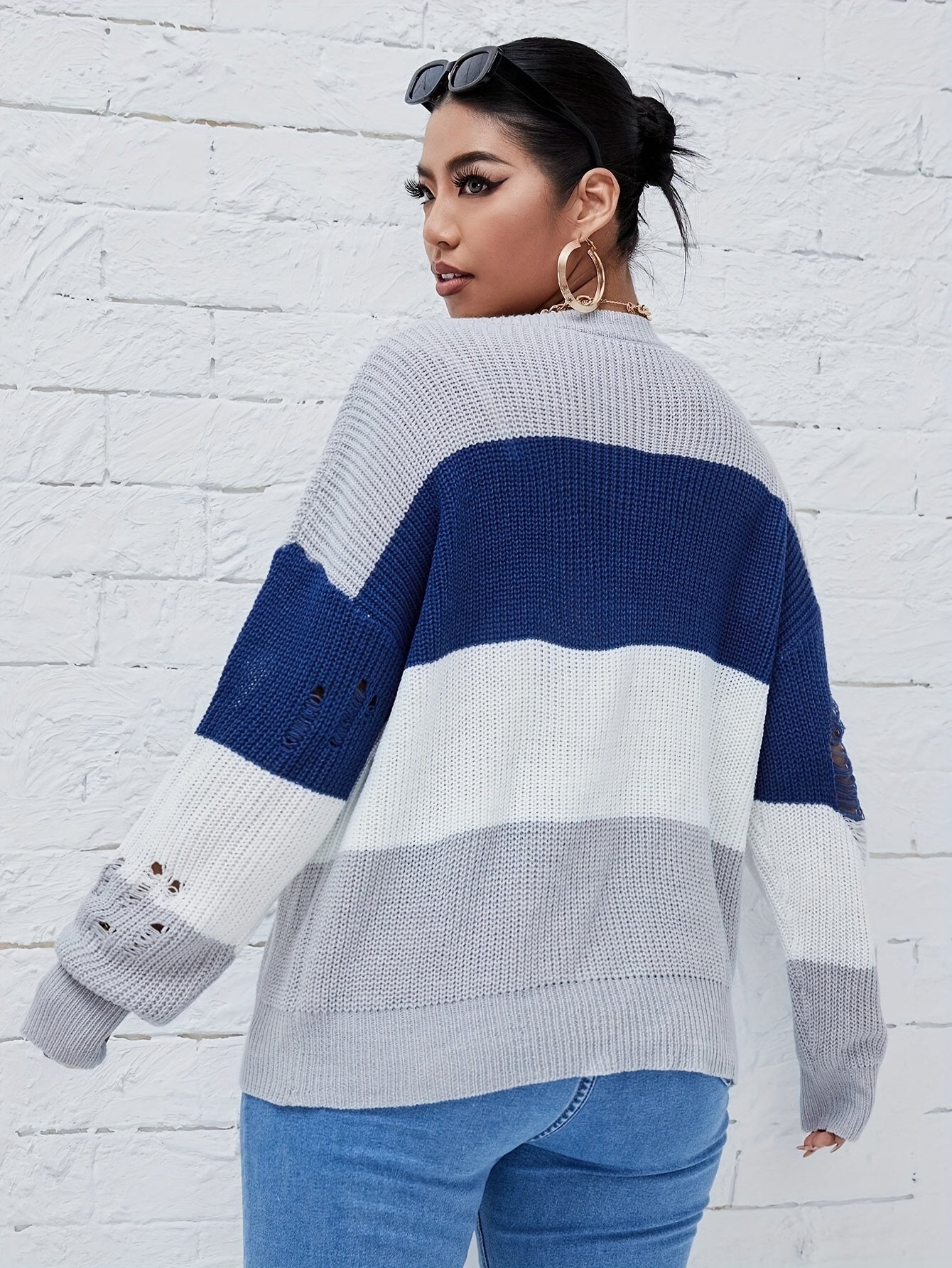 Casual Sweater Women's Plus Colorblock Ripped Drop Shoulder Sweater