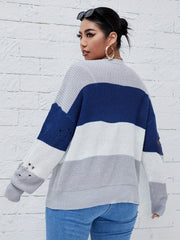 Casual Sweater Women's Plus Colorblock Ripped Drop Shoulder Sweater