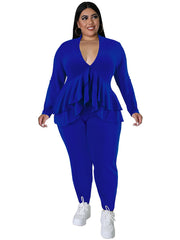 Ruffle Trim V Neck Long Sleeve Shirt & Pants Set Plus Size